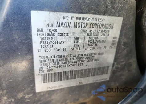 2001 Mazda Tribute Lx z USA, uszkodzony, nr VIN 4F2YU08141KM23643